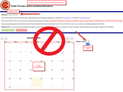 Calendar image shown from Parent Portal with no attendance options.